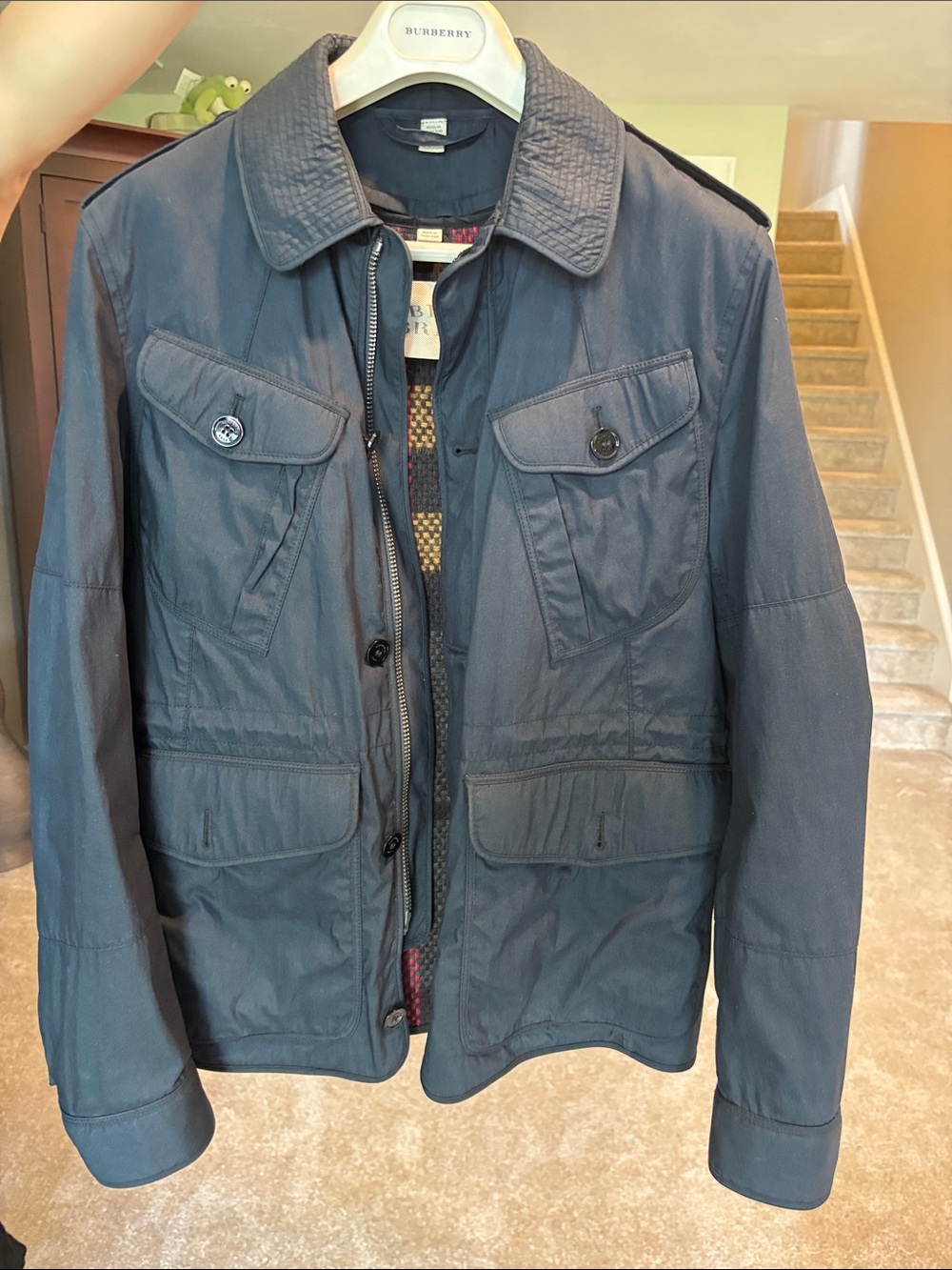 Burberry Men's Navy Field Jacket with Button & Zip Front